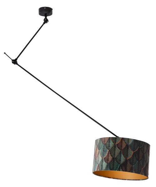 Lampada a sospensione nera con paralume in velluto con motivo a foglie e interno dorato 40/40/40 - Blitz