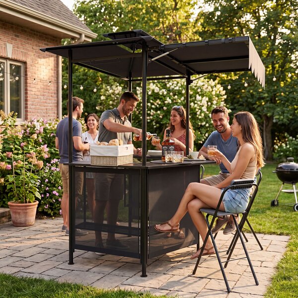 Costway Gazebo da esterno resistente per barbecue con tavolo da bar, Gazebo 4 ripiani in metallo 2 sgabelli pieghevoli per barbecue da cortile Grigio