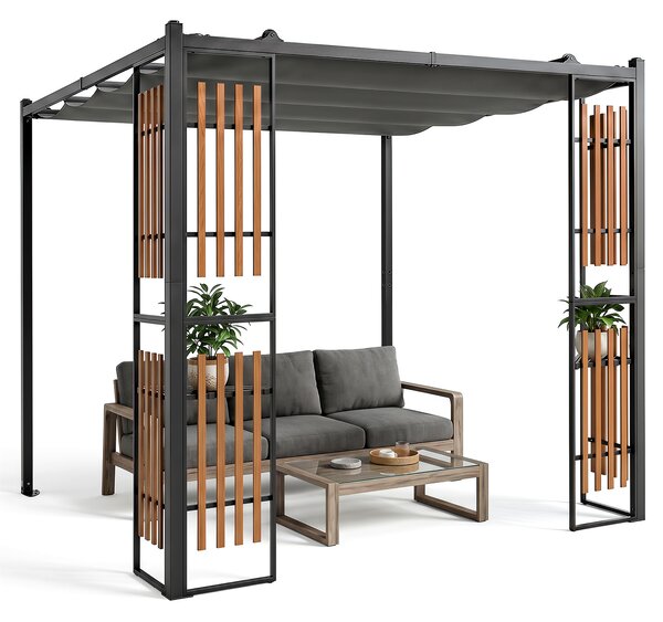 Costway Gazebo da giardino con 4 paraventi 2 ripiani copertura avvolgibile struttura metallica, Gazebo da esterno con 8 picchetti per mercatini fiere e campeggio