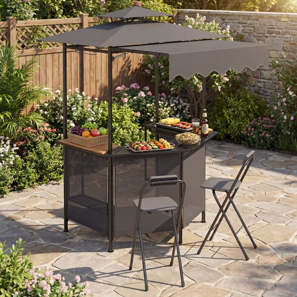 Costway Gazebo da esterno resistente per barbecue con tavolo da bar, Gazebo 4 ripiani in metallo 2 sgabelli pieghevoli per barbecue da cortile Grigio