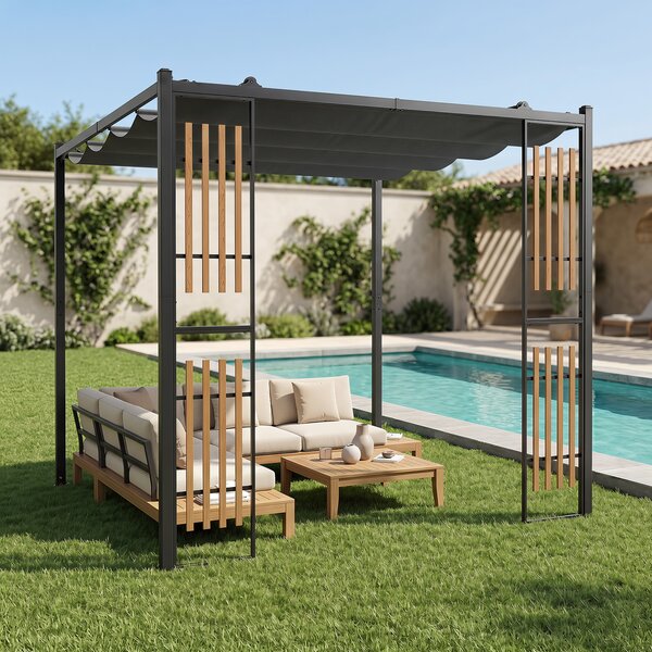 Costway Gazebo da giardino da esterno con 2 paraventi copertura avvolgibile struttura metallica, Gazebo con 8 picchetti per mercatini fiere e campeggio