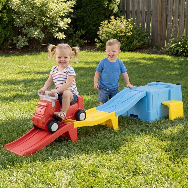 Costway Macchina cavalcabile con scivolo auto per bambini con scivolo e vano portaoggetti con rotelle, Macchina cavalcabile per interno ed esterno Blu