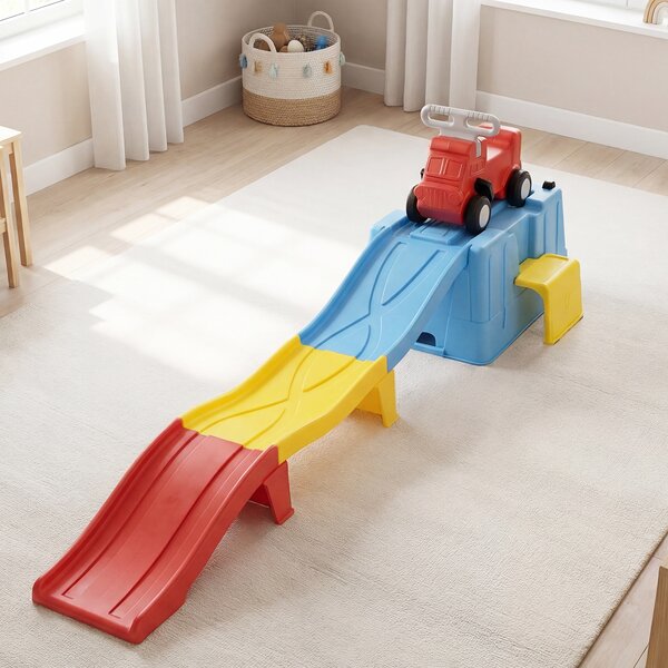 Costway Macchina cavalcabile con scivolo auto per bambini con scivolo e vano portaoggetti con rotelle, Macchina cavalcabile per interno ed esterno Blu