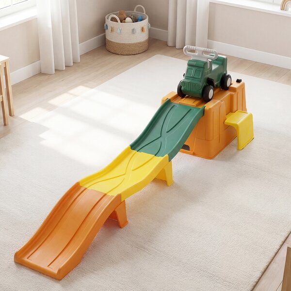 Costway Macchina cavalcabile con scivolo auto per bambini con scivolo e vano portaoggetti con rotelle, Macchina cavalcabile per interno ed esterno Caffè