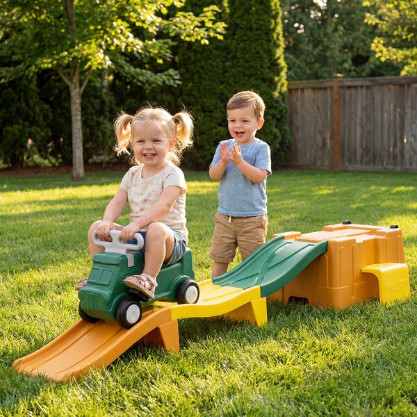 Costway Macchina cavalcabile con scivolo auto per bambini con scivolo e vano portaoggetti con rotelle, Macchina cavalcabile per interno ed esterno Caffè