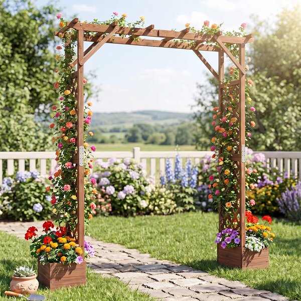 Costway Arco da giardino in legno con 2 fioriere e 2 grigliati e tetto, Pergola da esterno per rampicanti e rose matrimoni feste
