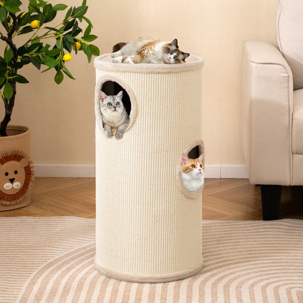 Costway Condo per gatti a piani multi-livello con tappetino per graffi in sisal, Condo letto morbido per pisolini Beige