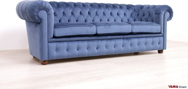 Divano Chesterfield in Velluto Blu Petrolio