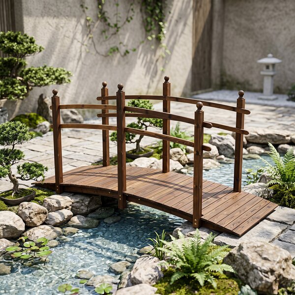 Costway Ponte da giardino in abete carbonizzato con ringhiere, Ponticello decorativo per cortile e fattoria con portata 500 kg 230 x 73 x 108 cm