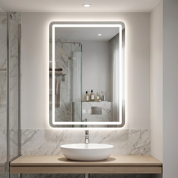 Costway Specchio da parete per bagno con luce led a 3 colori dimmerabili vetro infrangibile, Specchio da trucco illuminato funzione memoria