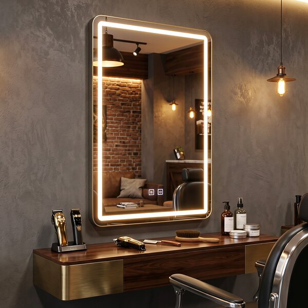 Costway Specchio da parete per bagno con luce led a 3 colori dimmerabili vetro infrangibile, Specchio da trucco illuminato funzione memoria
