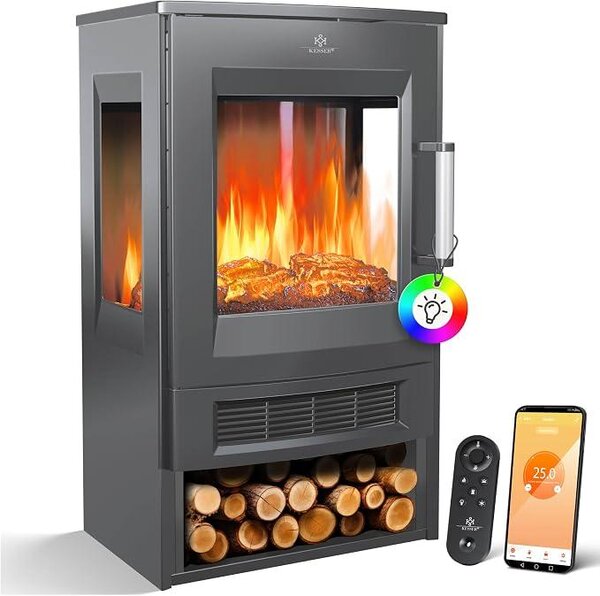 Camino elettrico con riscaldamento, finestra panoramica, ventola riscaldante, effetto fiamma LED con 9 modalità di colore, telecomando, app WiFi, potenza 900/1800W. Camino elettrico con termostato, funzione di riscaldamento e timer