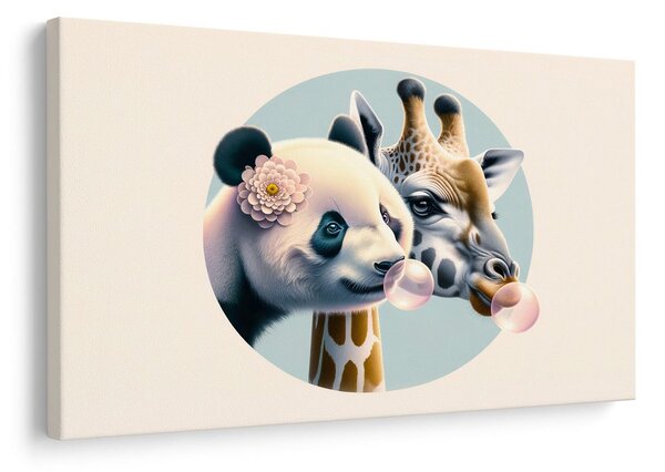 Quadro su tela – Panda e giraffa con bolla di gomma