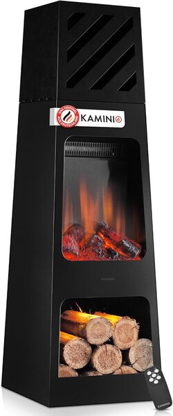 Camino da giardino elettrico Kai - Stufa da esterno elettrica con riscaldamento, effetto fiamma 3D, vano per legna, illuminazione LED d'ambiente, telecomando (extra-large)