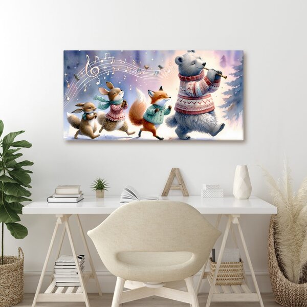 Quadro su tela – Parata invernale di animali con melodia