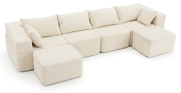 Costway Divano modulare 4 posti con 6 cuscini morbidi 2 pouf 2 tasche laterali, Divano letto angolare a forma di l o u per casa e soggiorno