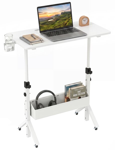 Costway Scrivania mobile in piedi regolabile 70-117 cm ruote bloccabili, Tavolo per laptop 80x40 cm con portabicchieri e cestino Bianco