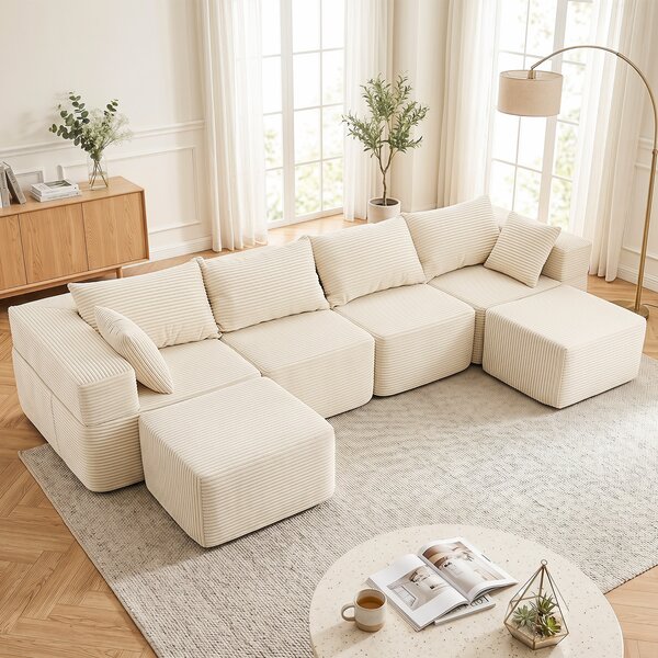 Costway Divano modulare 4 posti con 6 cuscini morbidi 2 pouf 2 tasche laterali, Divano letto angolare a forma di l o u per casa e soggiorno