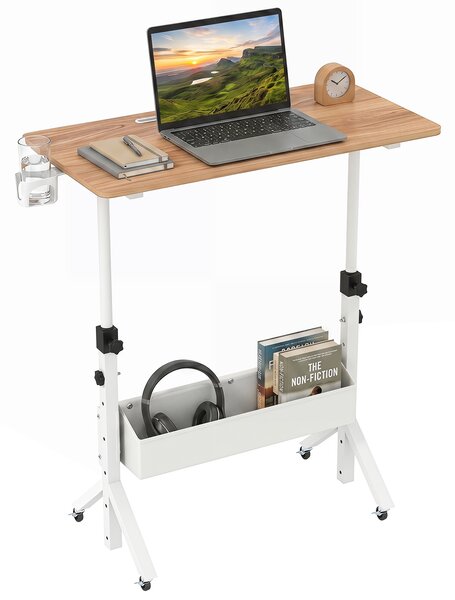 Costway Scrivania mobile in piedi regolabile 70-117 cm ruote bloccabili, Tavolo per laptop 80x40 cm con portabicchieri e cestino Naturale
