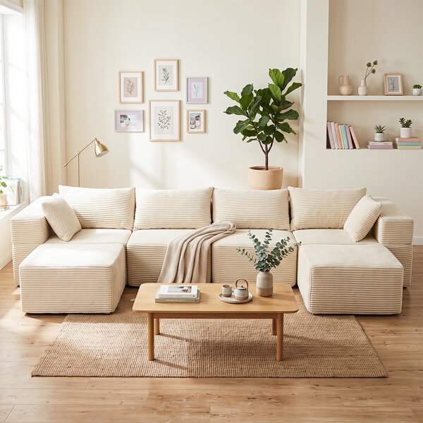 Costway Divano modulare 4 posti con 6 cuscini morbidi 2 pouf 2 tasche laterali, Divano letto angolare a forma di l o u per casa e soggiorno