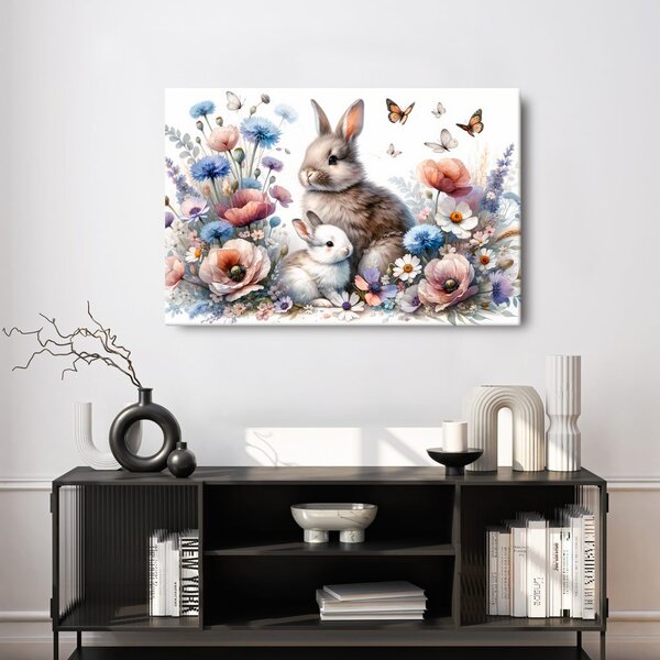 Quadro su tela – Coniglietti in giardino primaverile in fiore