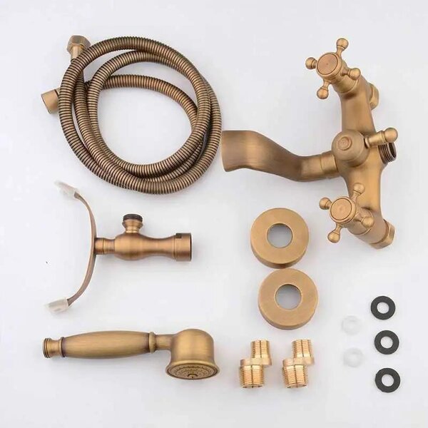 Set completo per rubinetto e doccetta da bagno, montaggio a parete, miscelatore a due maniglie, erogatore orientabile, doccetta manuale in ABS, cartuccia in Vetroceramica, per acqua calda e fredda, finitura in ottone anticato