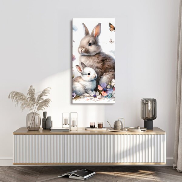 Quadro su tela – Prato primaverile con conigli e farfalle
