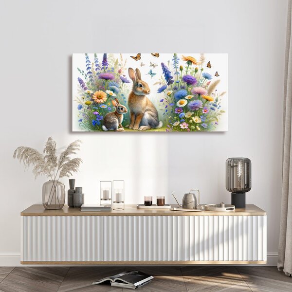 Quadro su tela – Fiori di campo e coniglietti tra le farfalle