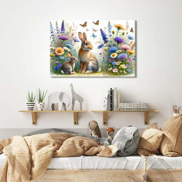 Quadro su tela – Coniglietti su prato fiorito di primavera