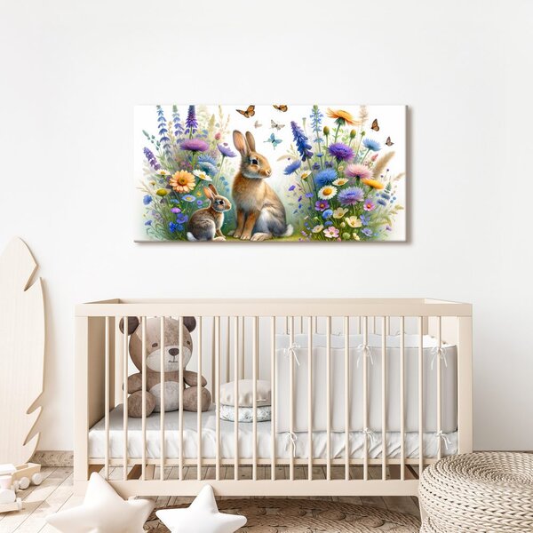 Quadro su tela – Fiori di campo e coniglietti tra le farfalle