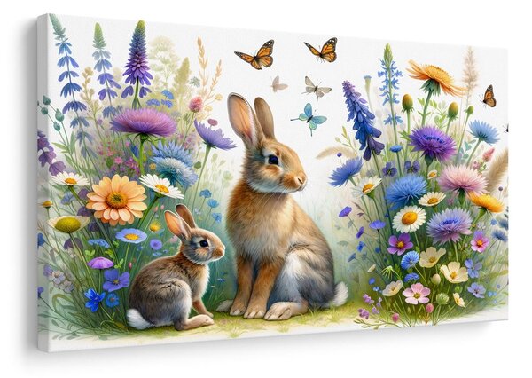 Quadro su tela – Coniglietti su prato fiorito di primavera