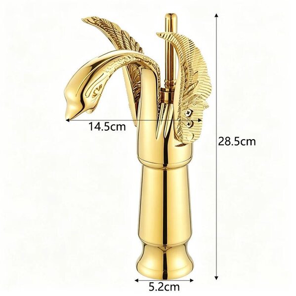 Miscelatore per lavabo a forma di cigno - Rubinetto alto per lavabi da appoggio - Miscelatore monocomando - Acqua calda/fredda - Installazione monoblocco - Corpo in ottone - Finitura dorata