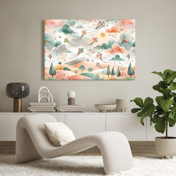 Quadro su tela – Aquiloni volanti su paesaggio colorato