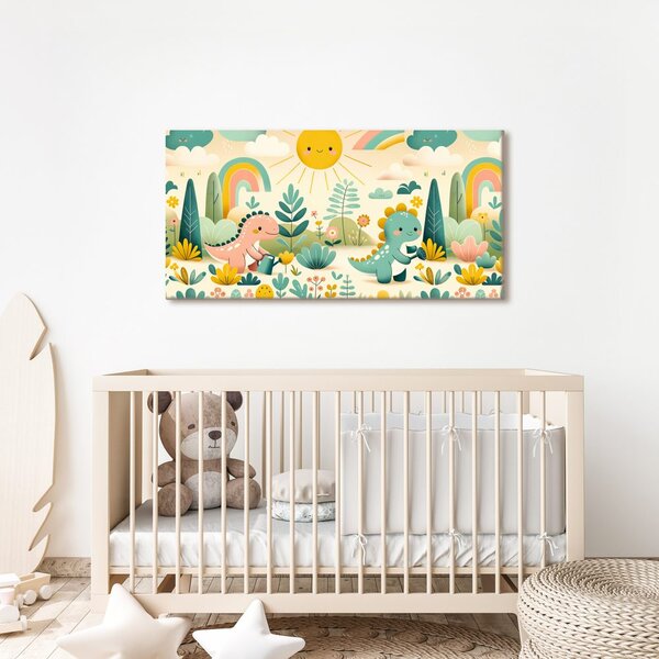Quadro su tela – Amici dinosauri in giardino colorato