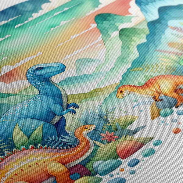 Quadro su tela – Dinosauri colorati tra le montagne