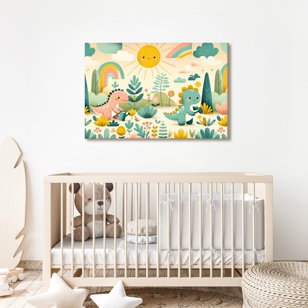 Quadro su tela – Giornata di gioco dei piccoli dinosauri nella natura