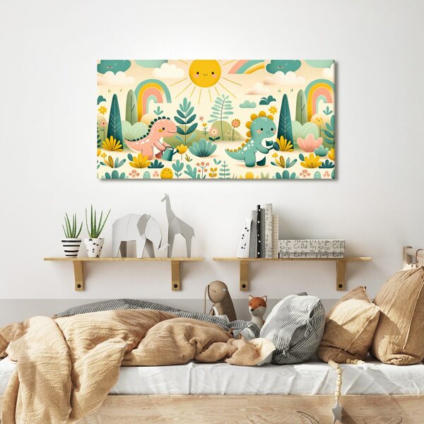 Quadro su tela – Amici dinosauri in giardino colorato