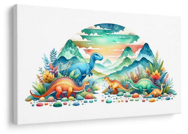 Quadro su tela – Dinosauri colorati tra le montagne