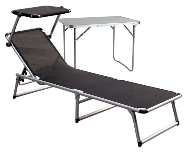 Sedia da giardino in alluminio nera con tettoia, dimensioni L188 x P57 cm, inclusa una tavolino laterale
