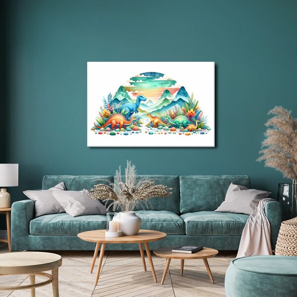 Quadro su tela – Dinosauri colorati tra le montagne