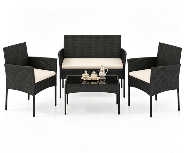 Set da giardino KOMFOTTEU, composto da 4 pezzi: un tavolino in vetro, 2 sedie e una panca. Set di sedute da esterno in rattan con struttura in metallo, dotato di cuscini imbottiti. Ideale per terrazzi, balconi, giardini e piscine