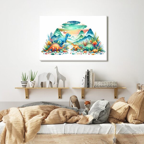 Quadro su tela – Dinosauri colorati tra le montagne