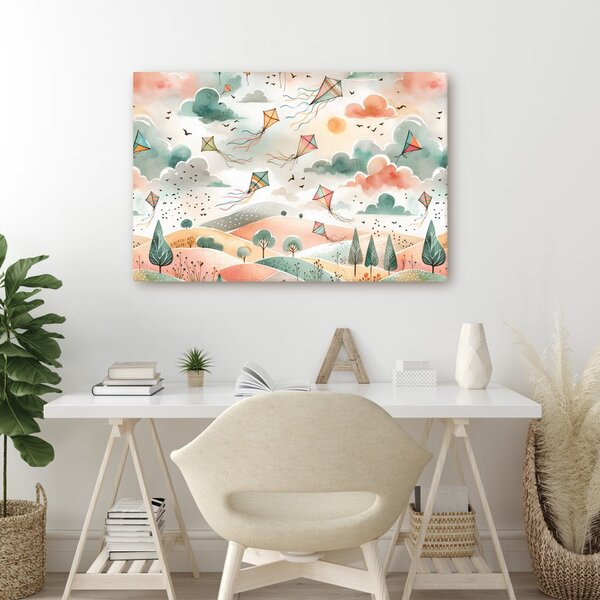 Quadro su tela – Aquiloni volanti su paesaggio colorato