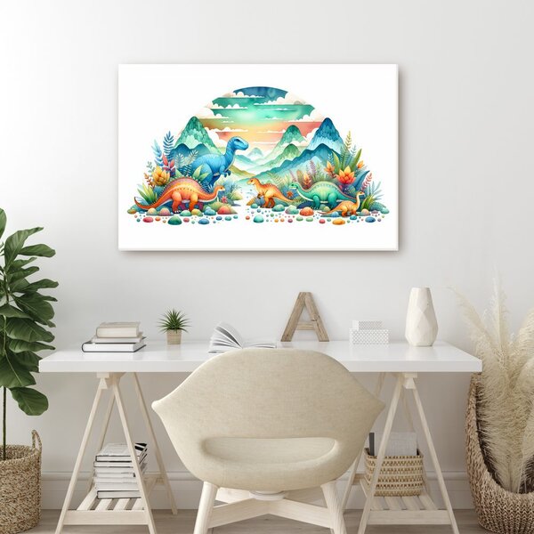 Quadro su tela – Dinosauri colorati tra le montagne
