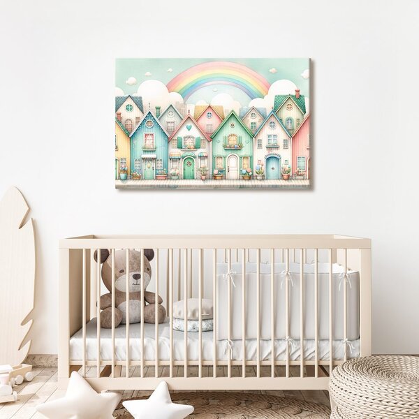 Quadro su tela – Casette pastello con arcobaleno