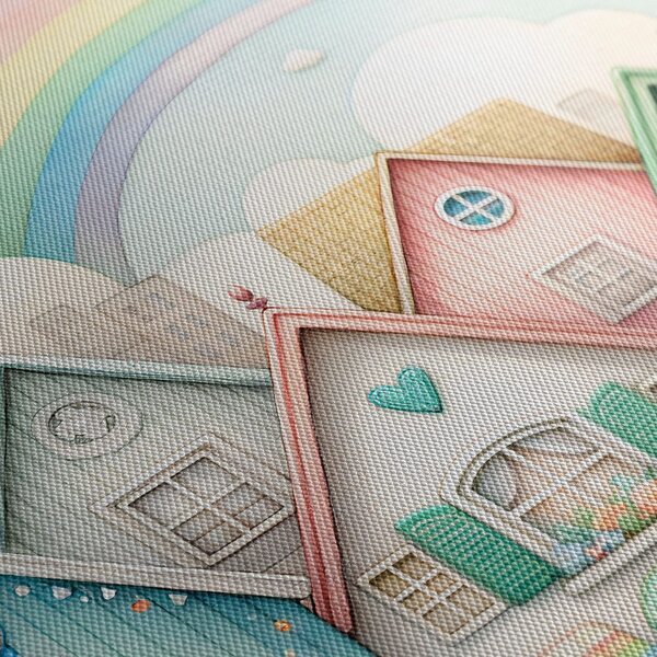 Quadro su tela – Casette pastello con arcobaleno