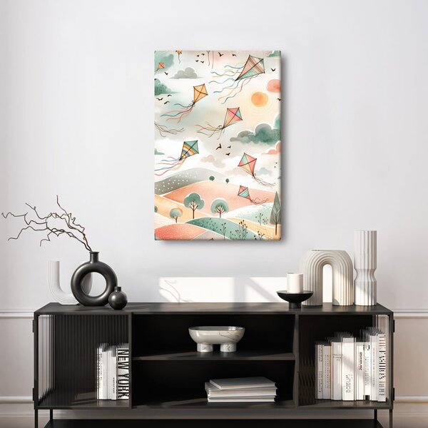 Quadro su tela – Paesaggio pastello con aquiloni nel cielo