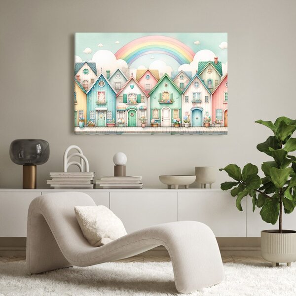 Quadro su tela – Casette pastello con arcobaleno