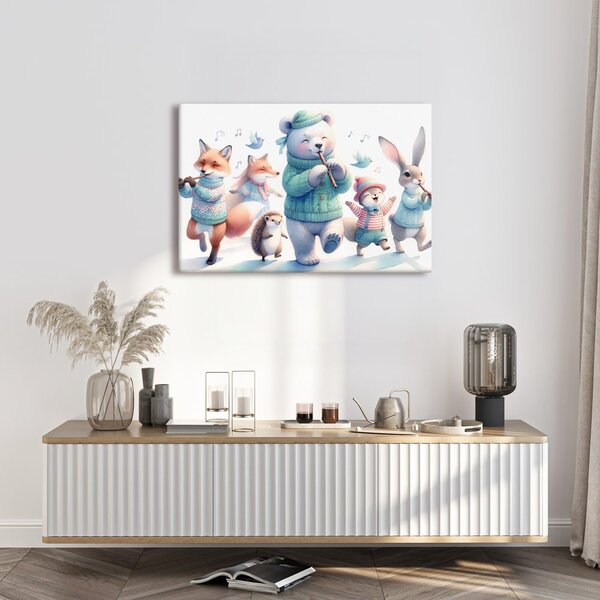 Quadro su tela – Parata musicale di animali nel paesaggio invernale