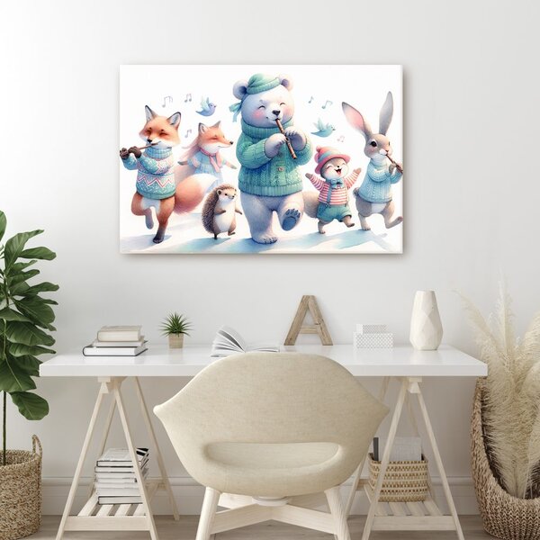 Quadro su tela – Parata musicale di animali nel paesaggio invernale